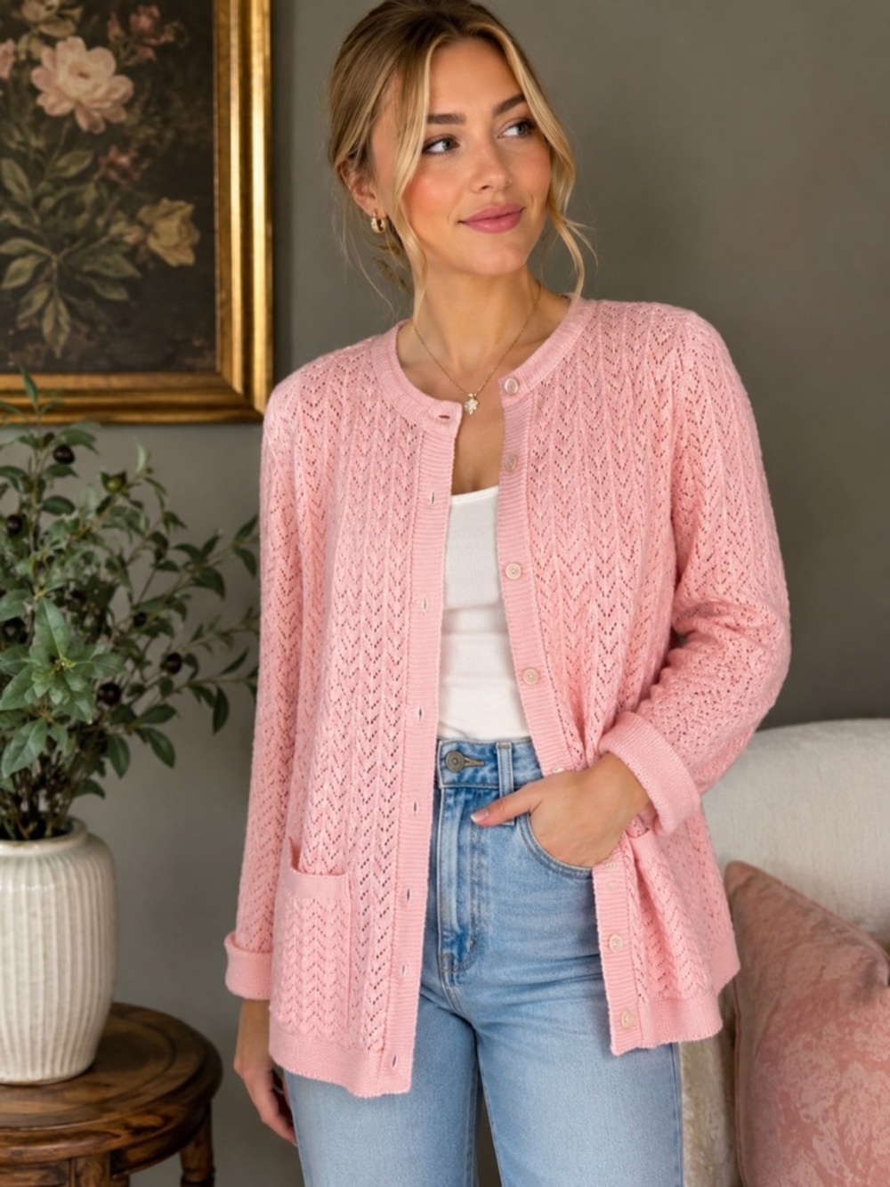 Vintage Cuddle Knit Pink Pointelle Cardigan USA Made Cottagecore Grandpa Chic L